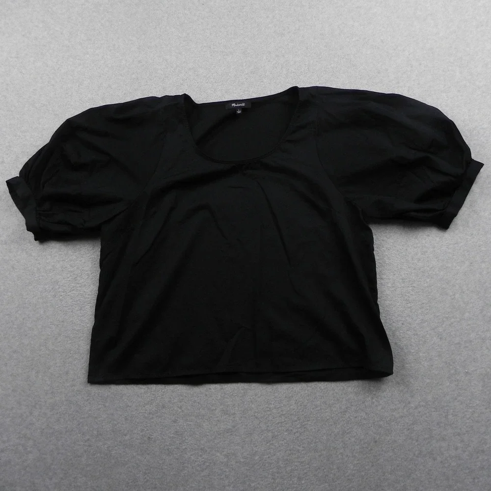 Madewell Top Womens Large Solid Black Cotton Short Puff Sleeve Scoop Neck Blouse